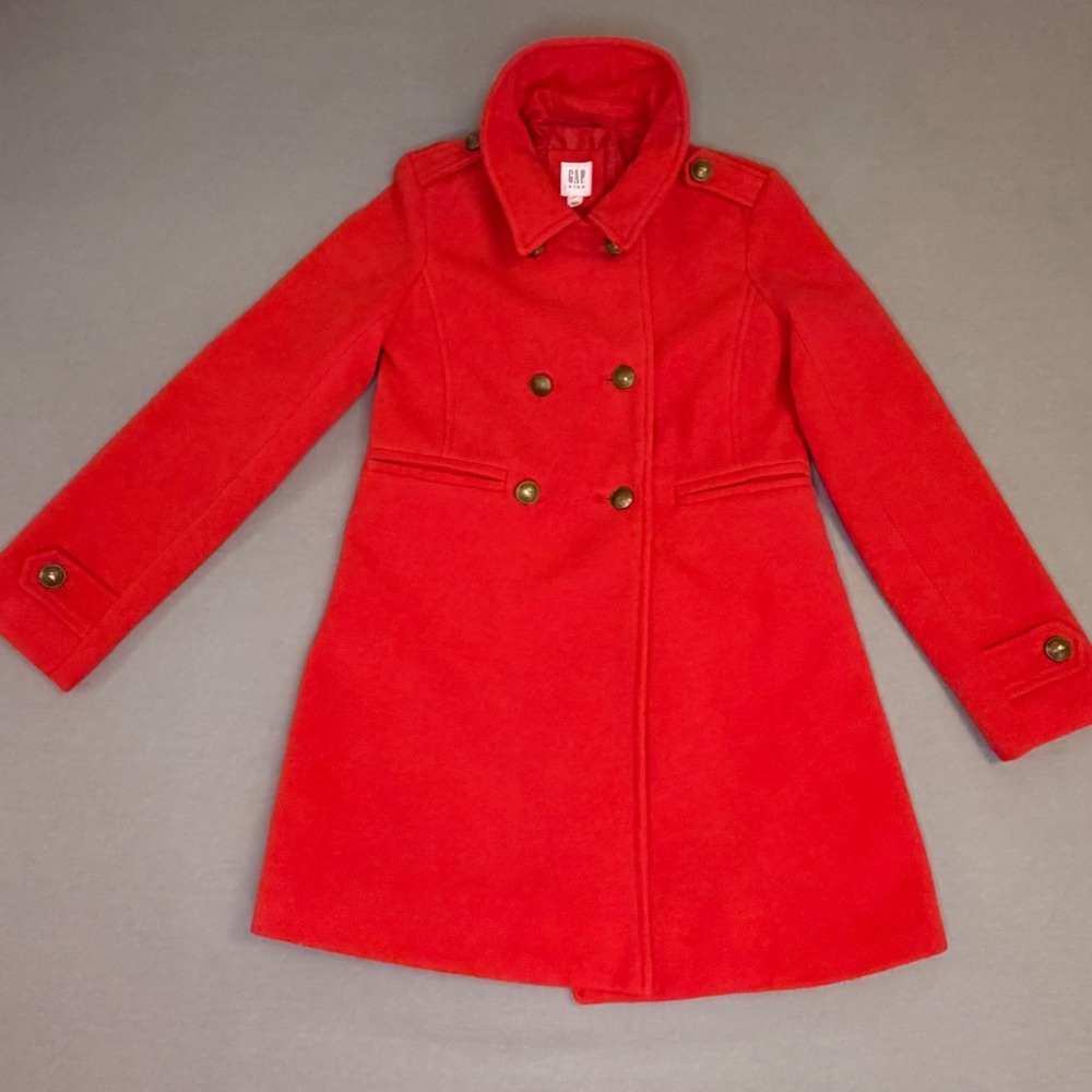 Gap Kids Girls Red Double Breasted Peacoat Gold Crest Button Jacket XL 12-13